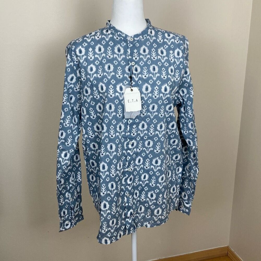 E.T.A.‎ Westside Blue Ikat Floral Cotton Mandarin Collar Shirt DCL001 Size M NEW